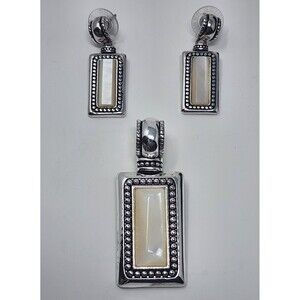 Premier Designs Summit Mother Of Pearl Silver Tone Pendant & Earrings Bali Style